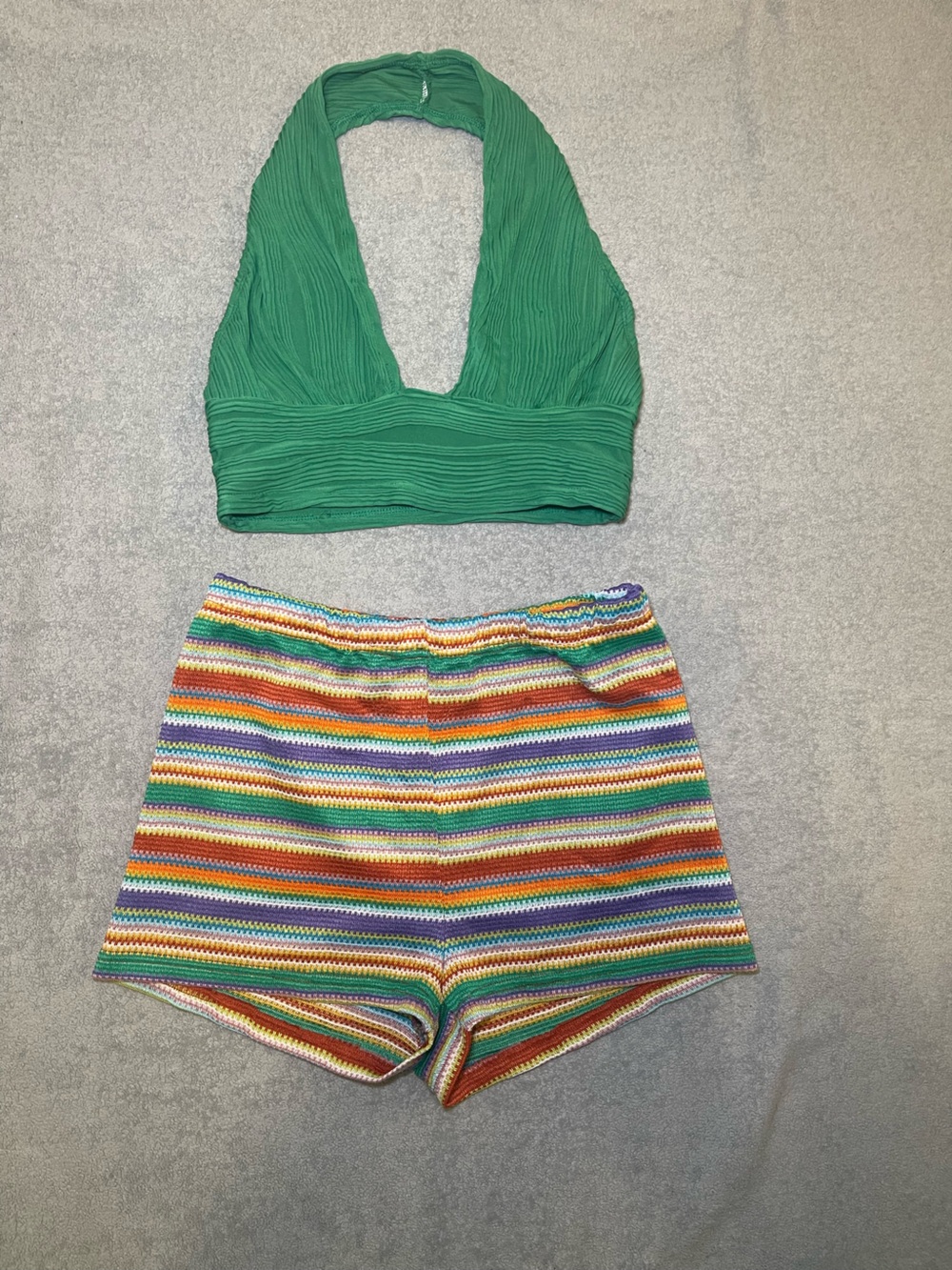 SHEIN Green Halter Top with Multicolor Striped Knit Shorts